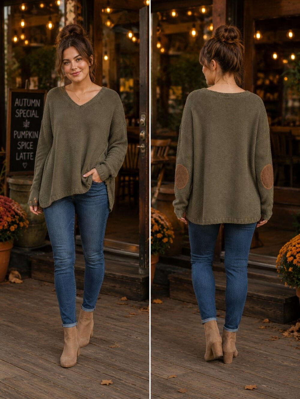 RDI Olive Green V-Neck Sweater XL Faux Suede Elbow Patches Fall Academia Preppy
